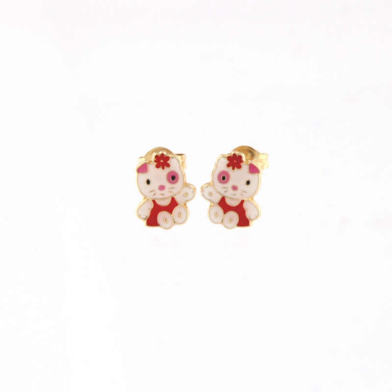 Παιδικά χρυσά σκουλαρίκια Κ9 σε σχήμα αρκουδάκι διακοσμημένα με λευκό,κόκκινο, και ροζ σμάλτο.