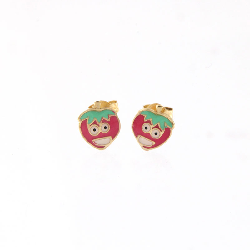 Παιδικά χρυσά σκουλαρίκια Κ9 σε σχήμα φράουλα διακοσμημένα με λευκό,πράσινο, και ροζ σμάλτο.
