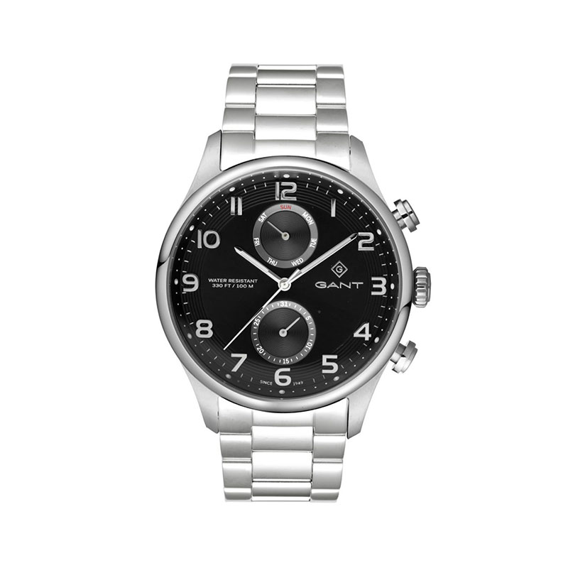 Ανδρικό ρολόι Gant από ανοξείδωτο ατσάλι με μαύρο καντράν και ασημί μπρασελέ.