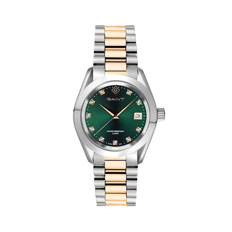Γυναικείο ρολόι Gant από ανοξείδωτο ατσάλι με πράσινο καντράν, πέτρες ζιργκόν και δίχρωμο μπρασελέ.
