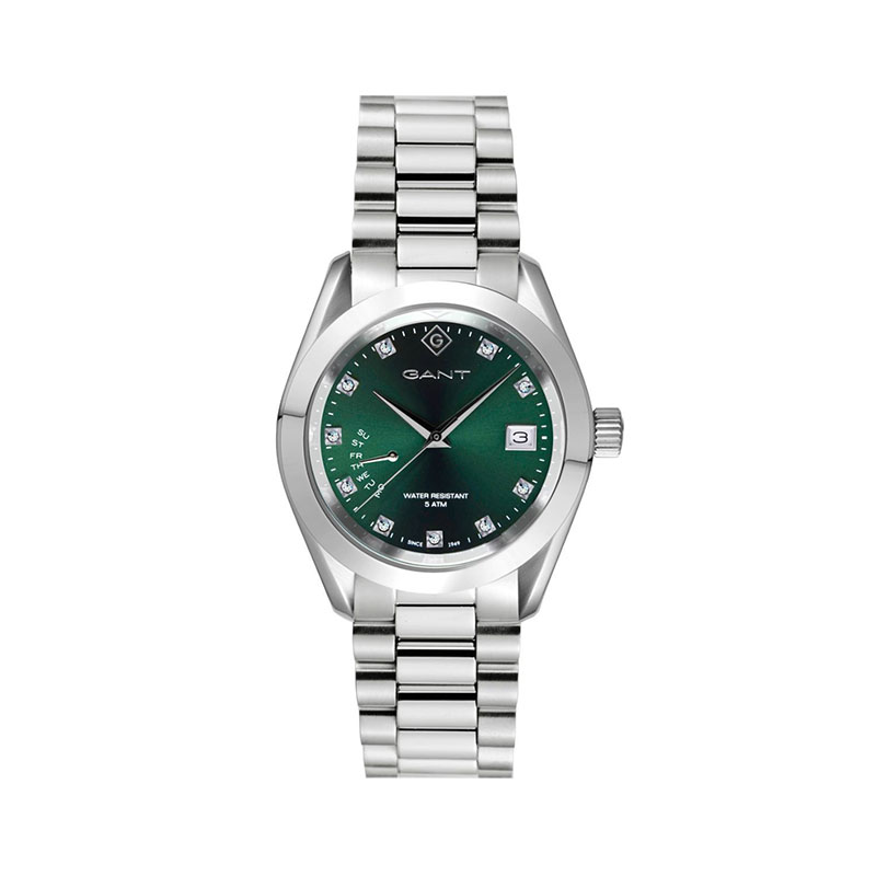 Γυναικείο ρολόι Gant από ανοξείδωτο ατσάλι με πράσινο καντράν, πέτρες ζιργκόν και ασημί μπρασελέ.
