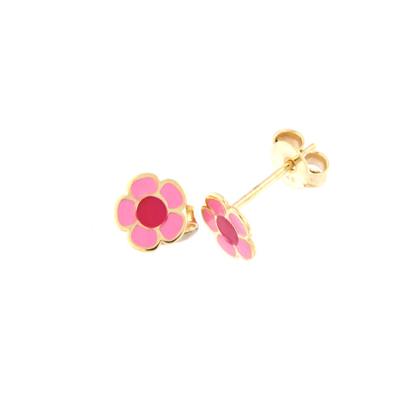 Παιδικά χρυσά σκουλαρίκια Κ9 σε σχήμα λουλούδι διακοσμημένα με ροζ και κόκκινο σμάλτο.