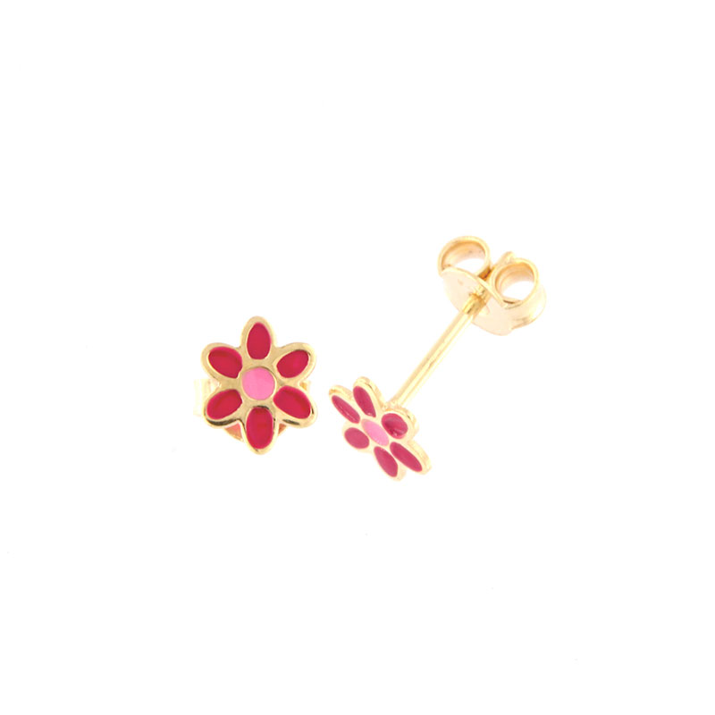 Παιδικά χρυσά σκουλαρίκια Κ9 σε σχήμα λουλούδι διακοσμημένα με κόκκινο και ροζ σμάλτο.