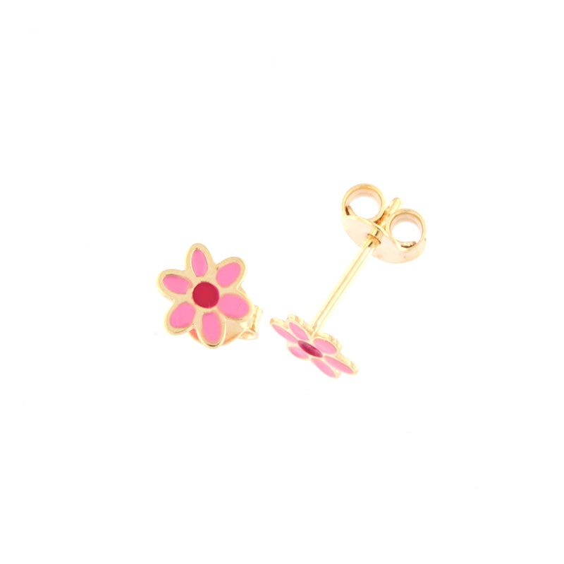 Παιδικά χρυσά σκουλαρίκια Κ9 σε σχήμα λουλούδι διακοσμημένα με ροζ και κόκκινο σμάλτο.