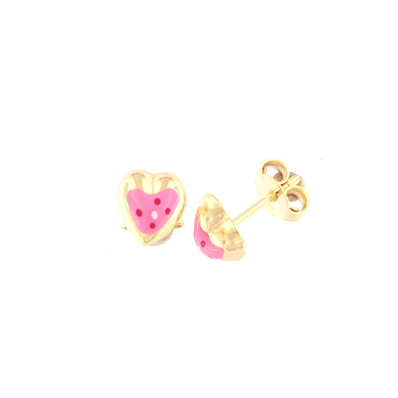 Παιδικά χρυσά σκουλαρίκια Κ9 σε σχήμα καρδίας διακοσμημένα με ροζ σμάλτο.