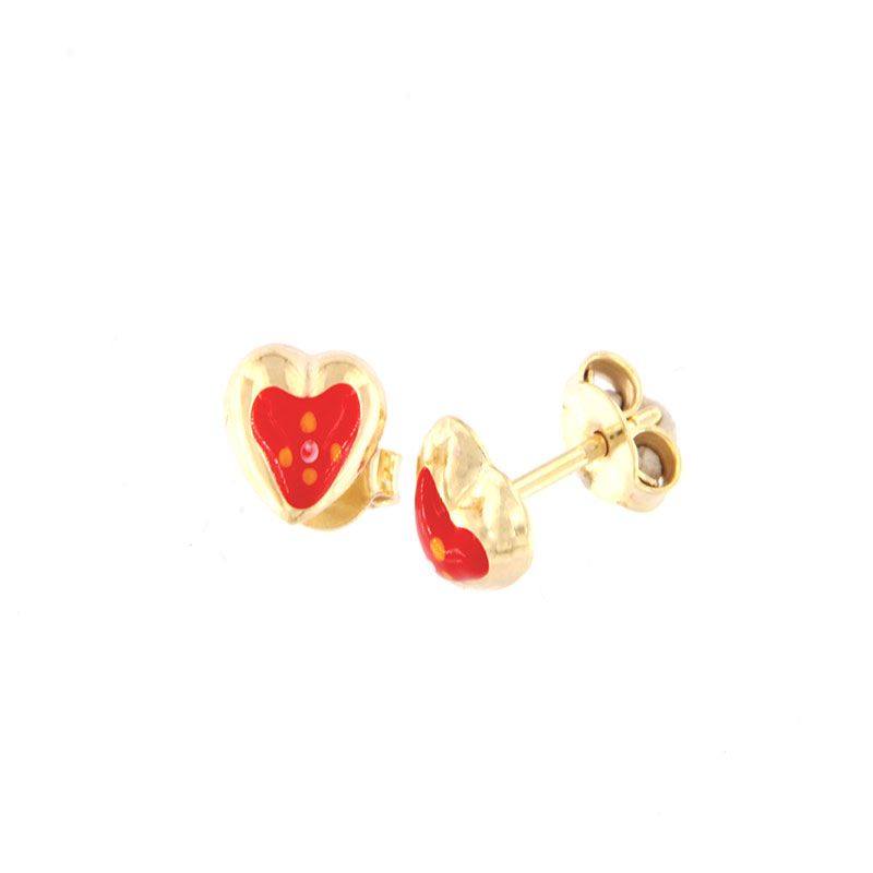 Παιδικά χρυσά σκουλαρίκια Κ9 σε σχήμα καρδίας διακοσμημένα με κόκκινο σμάλτο.