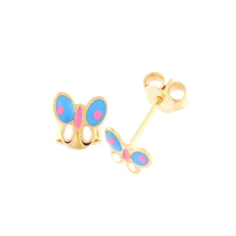 Παιδικά χρυσά σκουλαρίκια Κ9 σε σχήμα πεταλούδας διακοσμημένα με γαλάζιο,ροζ και λευκό σμάλτο.