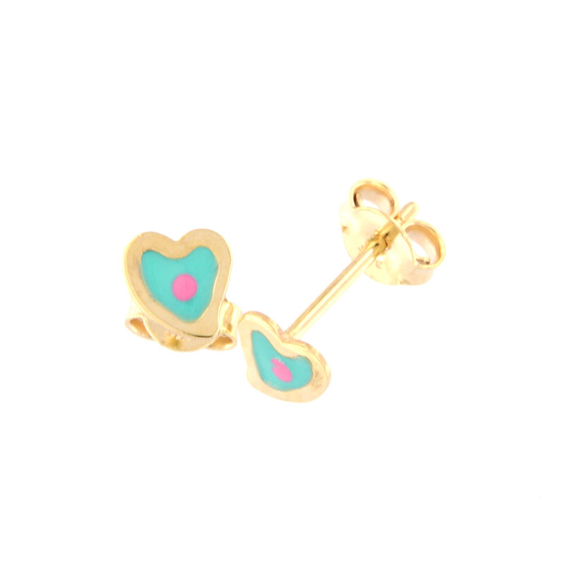 Παιδικά χρυσά σκουλαρίκια Κ9 σε σχήμα καρδίας διακοσμημένα με γαλάζιο σμάλτο.