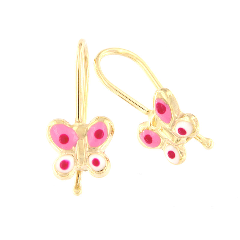 Παιδικά χρυσά σκουλαρίκια Κ9 σε σχήμα πεταλούδας διακοσμημένα με ροζ και λευκό σμάλτο.