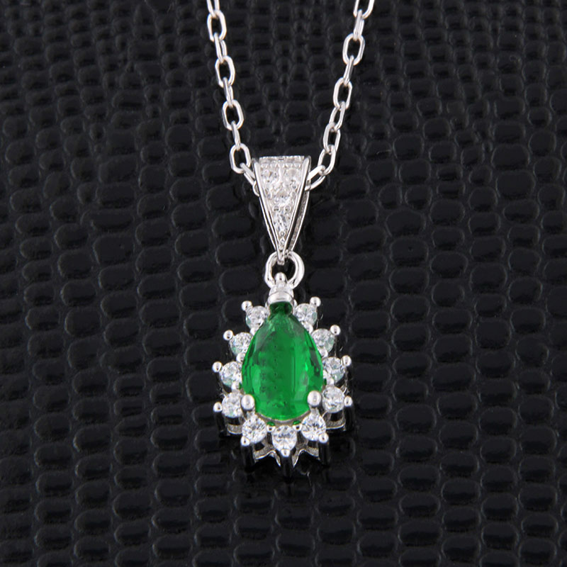Womens silver tear Rosette necklace with 925 chain decorated with green and white zircons.