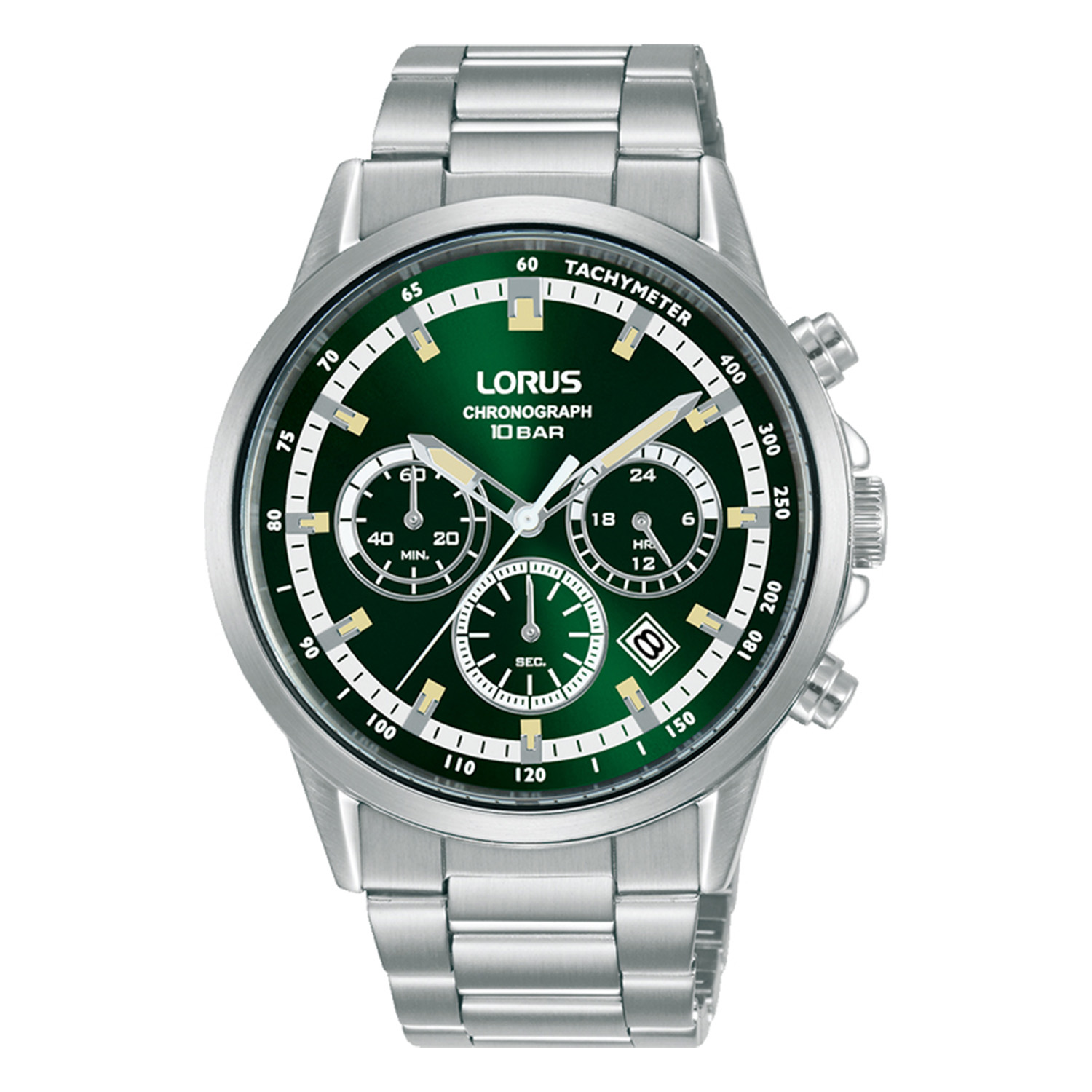 Ανδρικό ρολόι Lorus από ανοξείδωτο ατσάλι με πράσινο καντράν και ασημί μπρασελέ.