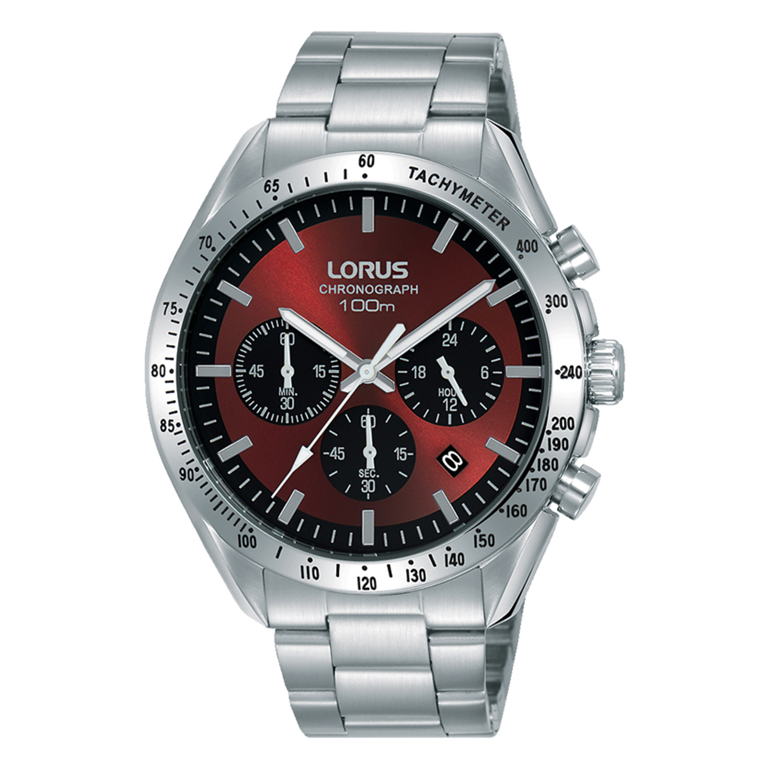 Ανδρικό ρολόι Lorus από ανοξείδωτο ατσάλι με κόκκινο καντράν και ασημί μπρασελέ.