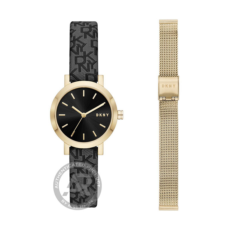 Γυναικείο ρολόι DKNY SOHO SET με μαύρο καντράν και υφασμάτινο λουράκι με δώρο χρυσό μπρασελέ.
