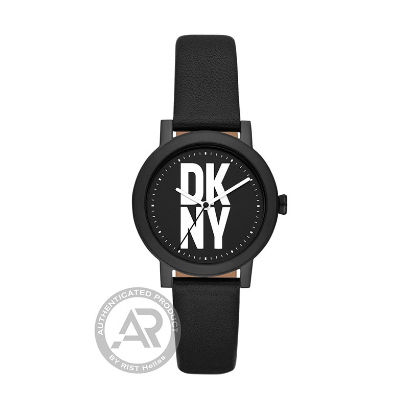 Γυναικείο ρολόι DKNY Soho από μαύρο ανοξείδωτο ατσάλι με μαύρο καντράν και δερμάτινο λουράκι.