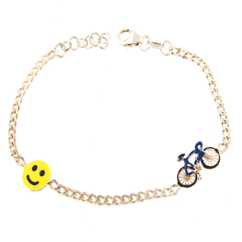 Παιδικό ασημένιο βραχιόλι 925° με ποδήλατο και χαμογελαστή φατσούλα σε σμάλτο.