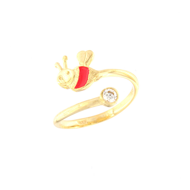 Παιδικό χρυσό δακτυλίδι Κ14 σε σχήμα μέλισσας με φούξια σμάλτο και λευκό ζιργκόν.