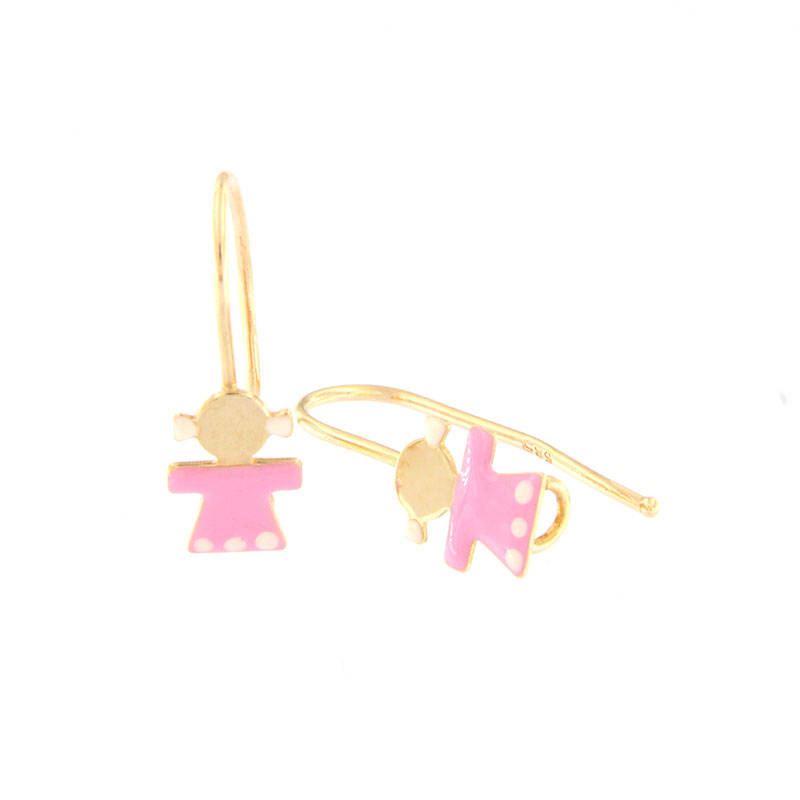 Παιδικά χρυσά σκουλαρίκια κρεμαστά Κ14 σε σχήμα κορίτσι διακοσμημένα με λευκό και ροζ σμάλτο.