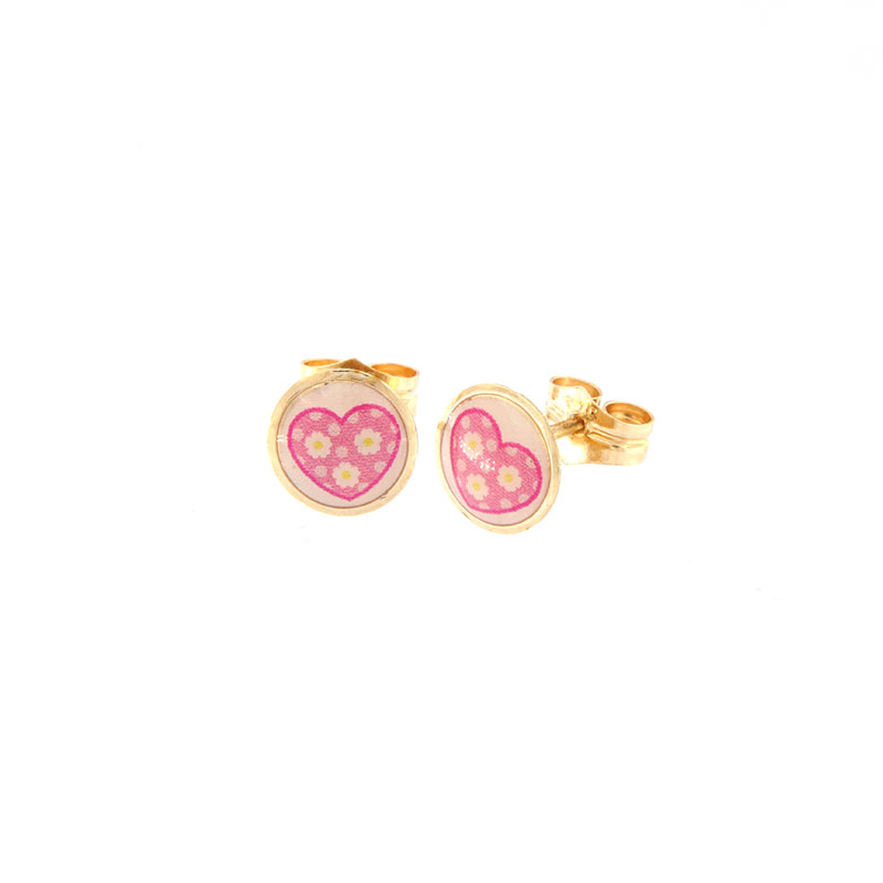 Παιδικά χρυσά σκουλαρίκια Κ9 στρογγυλά διακοσμημένα με λεύκες και ροζ καρδιές από σμάλτο. 