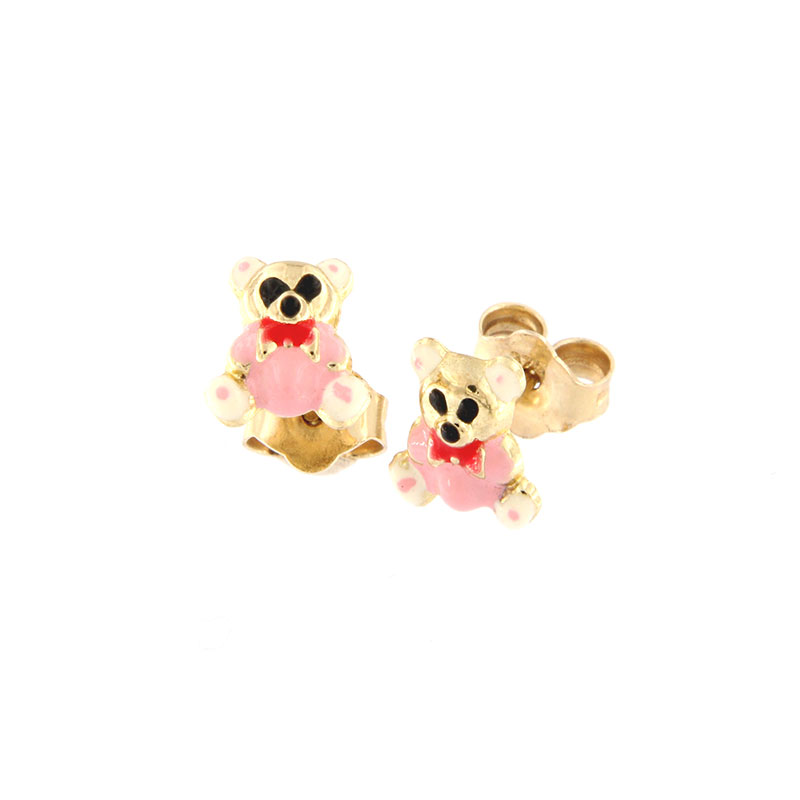 Παιδικά χρυσά σκουλαρίκια Κ9 σε σχήμα αρκουδάκι με σμάλτο.