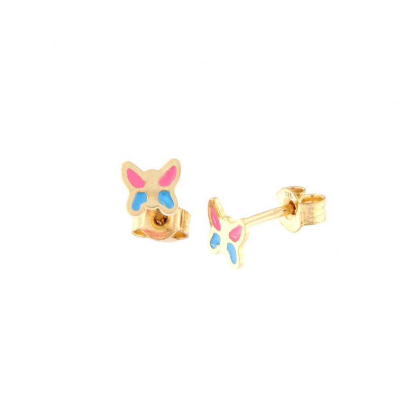 Παιδικά χρυσά σκουλαρίκια Κ9 σε σχήμα πεταλούδας διακοσμημένα με ροζ και γαλάζιο σμάλτο.