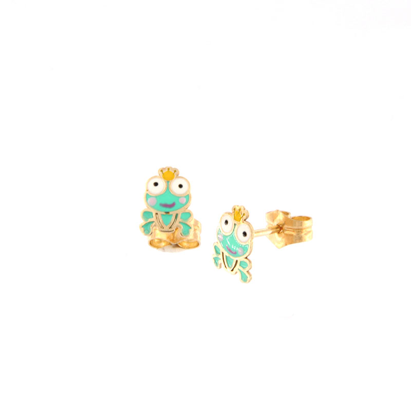 Παιδικά χρυσά σκουλαρίκια Κ9 σε σχήμα βατραχάκια διακοσμημένα με λευκό,κίτρινο και πράσινο σμάλτο.