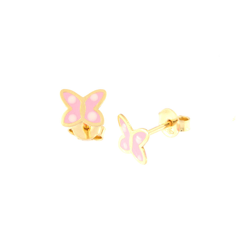 Παιδικά χρυσά σκουλαρίκια Κ14 σε σχήμα πεταλούδας διακοσμημένα με ροζ και λευκό σμάλτο.