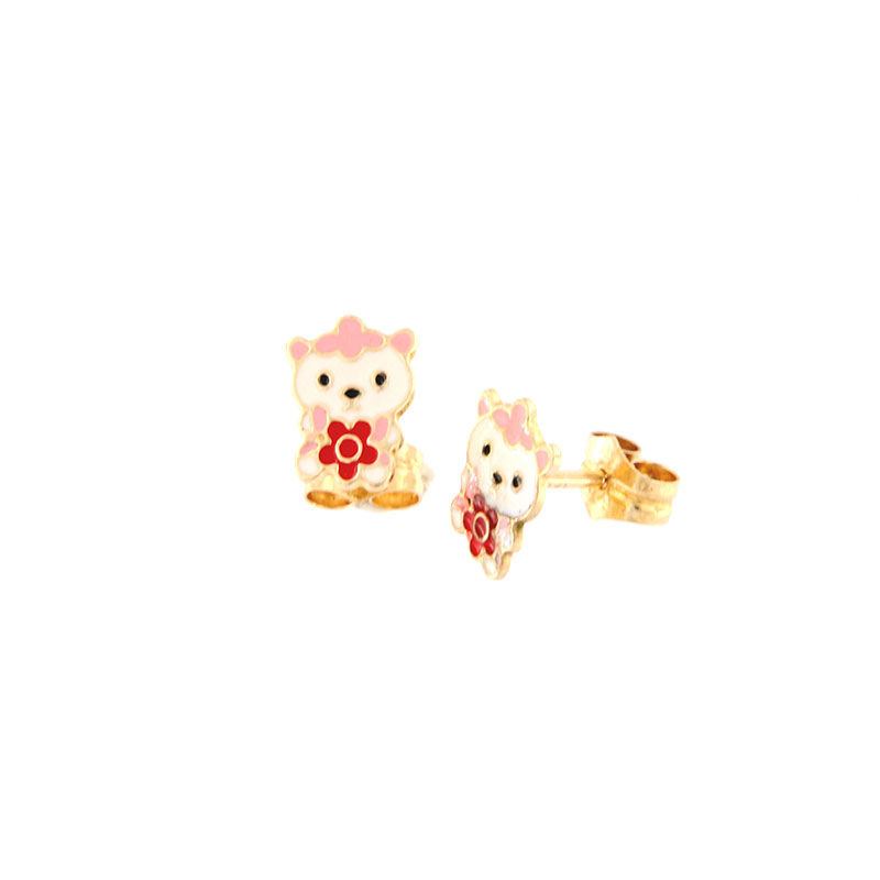 Παιδικά χρυσά σκουλαρίκια Κ9 σε σχήμα αρκουδάκι διακοσμημένα με λευκό,κόκκινο,ροζ και μαύρο σμάλτο.