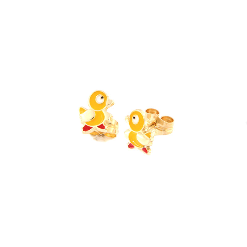 Παιδικά χρυσά σκουλαρίκια Κ9 σε σχήμα παπάκι διακοσμημένα με κίτρινο και κόκκινο σμάλτο.