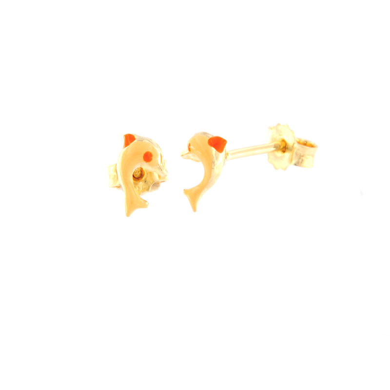 Παιδικά χρυσά σκουλαρίκια Κ14 σε σχήμα δελφίνι διακοσμημένα με σομόν και πορτοκάλι σμάλτο.