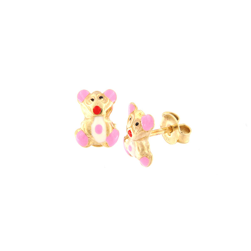 Παιδικά χρυσά σκουλαρίκια Κ9 σε σχήμα αρκουδάκι διακοσμημένα με ροζ,κόκκινο και λευκό σμάλτο.