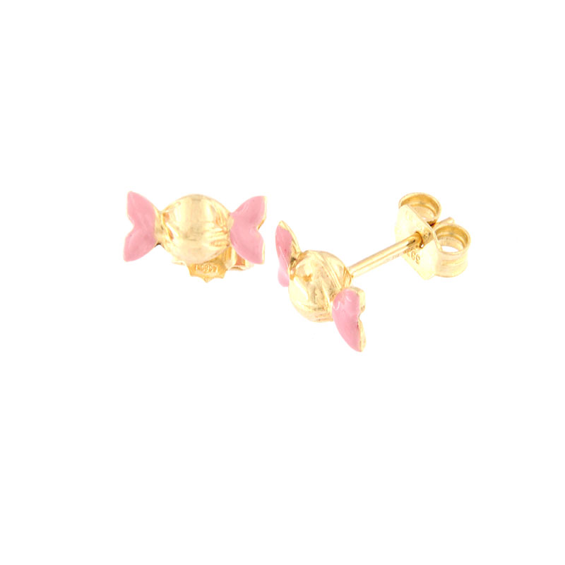 Παιδικά χρυσά σκουλαρίκια Κ14 σε σχήμα καραμέλας διακοσμημένα με ροζ σμάλτο.