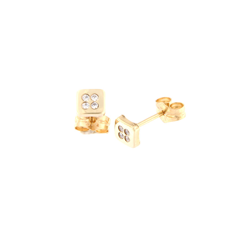 Παιδικά χρυσά σκουλαρίκια Κ9 σε σχήμα τετράγωνο διακοσμημένα με λευκά ζιργκόν.