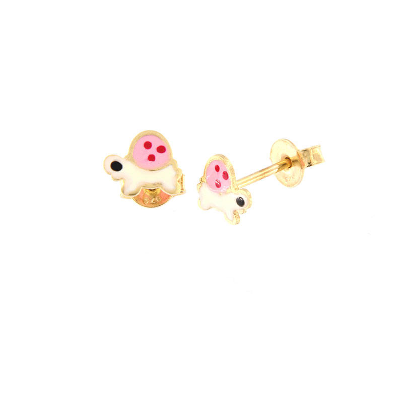 Παιδικά χρυσά σκουλαρίκια Κ9 σε σχήμα χελώνας διακοσμημένα με λευκό και ροζ σμάλτο.