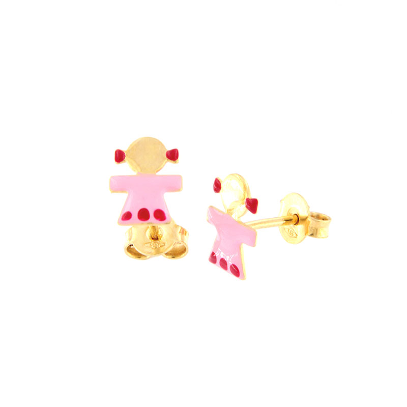 Παιδικά χρυσά σκουλαρίκια Κ14 σε σχήμα κορίτσι διακοσμημένα με ροζ και κόκκινο σμάλτο.