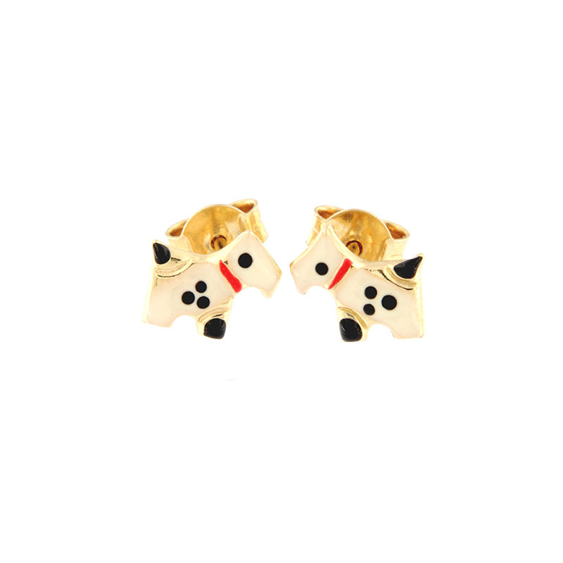 Παιδικά χρυσά σκουλαρίκια Κ14 σε σχήμα σκυλάκι Δαλματίας διακοσμημένα με λευκό και μαύρο σμάλτο.