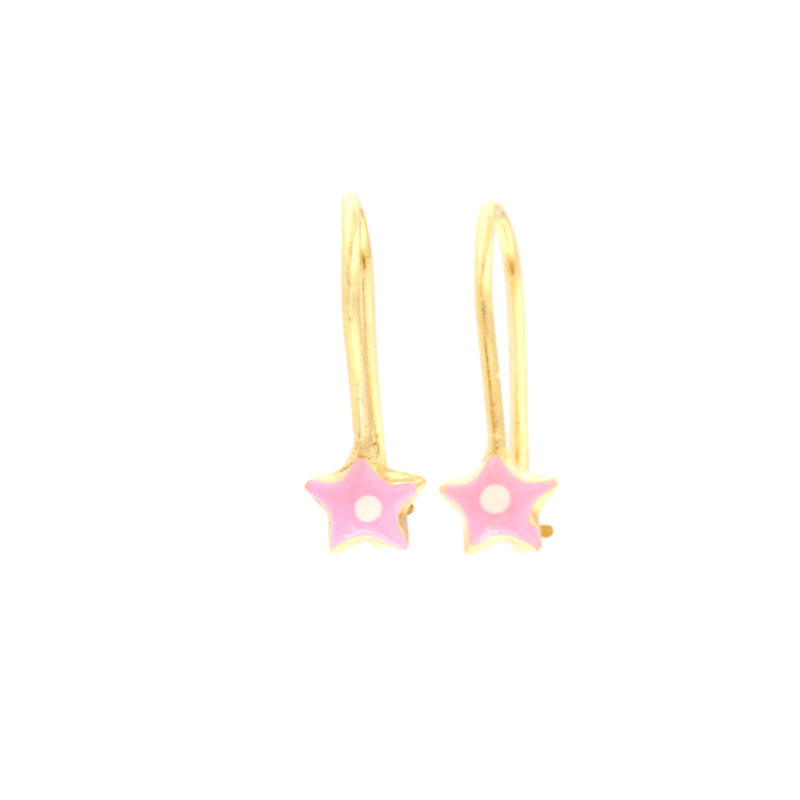 Παιδικά χρυσά σκουλαρίκια κρεμαστά Κ14 σε σχήμα αστέρι διακοσμημένα με ροζ σμάλτο.
