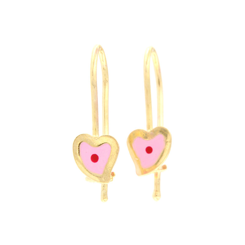 Παιδικά χρυσά σκουλαρίκια Κ9 σε σχήμα καρδιάς διακοσμημένα με ροζ και κόκκινο σμάλτο.