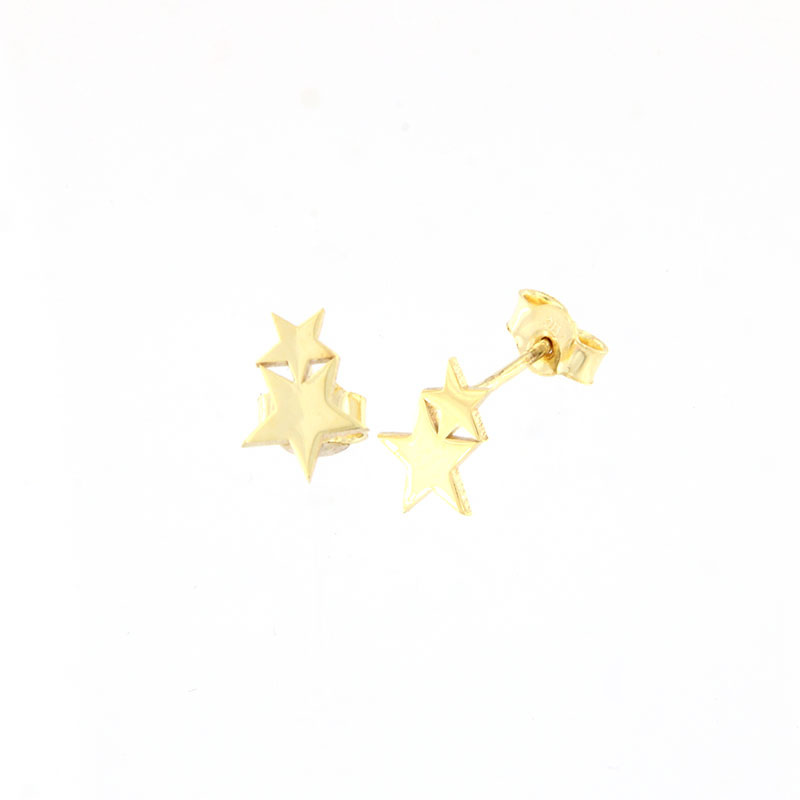Παιδικά χειροποίητα χρυσά σκουλαρίκια Κ9 σε σχήμα διπλό αστεράκι με λουστρέ επιφάνεια.