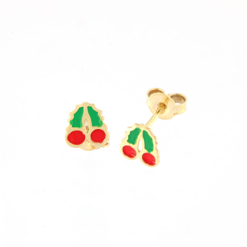Παιδικά χρυσά σκουλαρίκια Κ9 σε σχήμα κεράσι διακοσμημένα με κόκκινο και πράσινο σμάλτο.