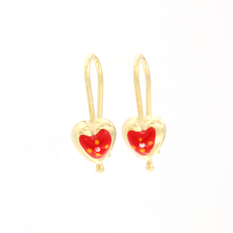 Παιδικά χρυσά σκουλαρίκια Κ9 σε σχήμα καρδιάς διακοσμημένα με σμάλτο.