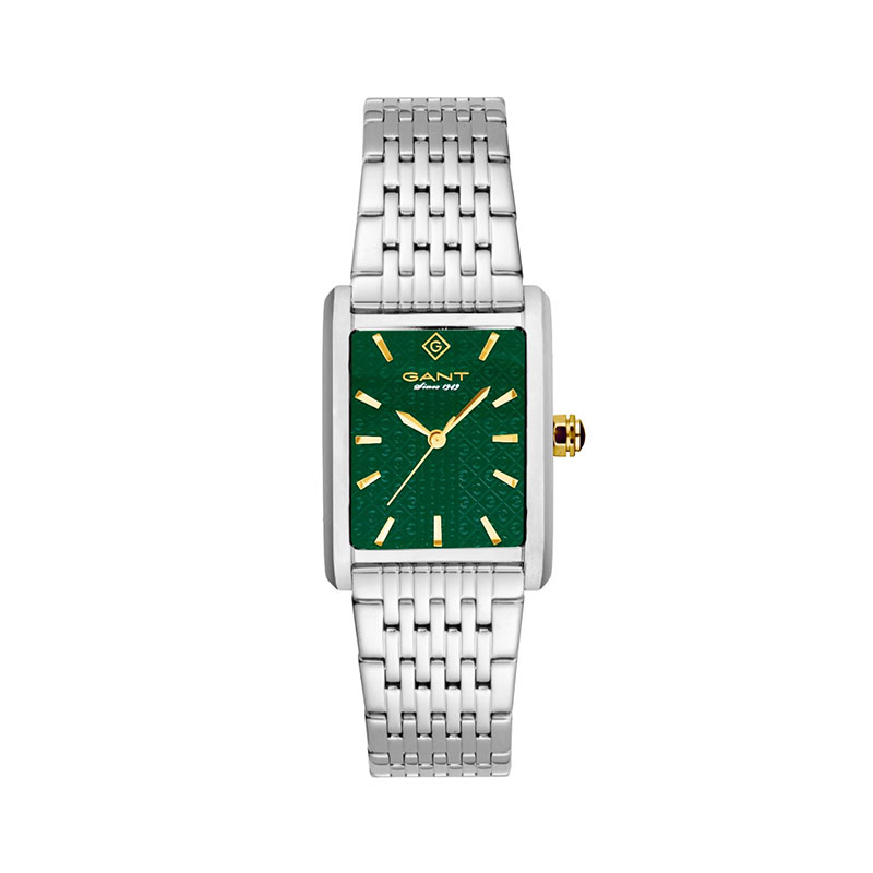 Γυναικείο ρολόι Gant από ανοξείδωτο ατσάλι σε πράσινο καντράν με κίτρινους δείκτες και μπρασελέ.