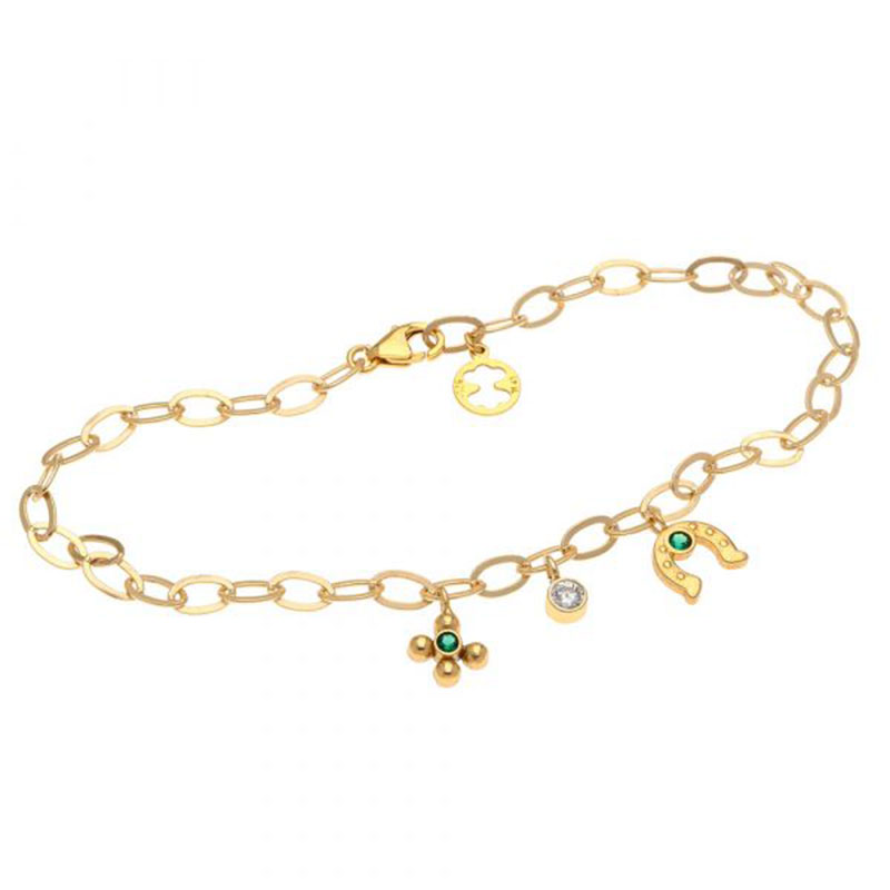 Womens 925 ° silver gold plated bracelet with three symbols decorated with green and white stones from ARTEON workshop.