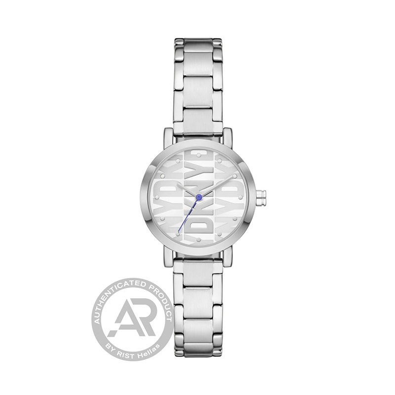 Γυναικείο ρολόι DKNY από ανοξείδωτο ατσάλι με λευκό καντράν και ασημί μπρασελέ.