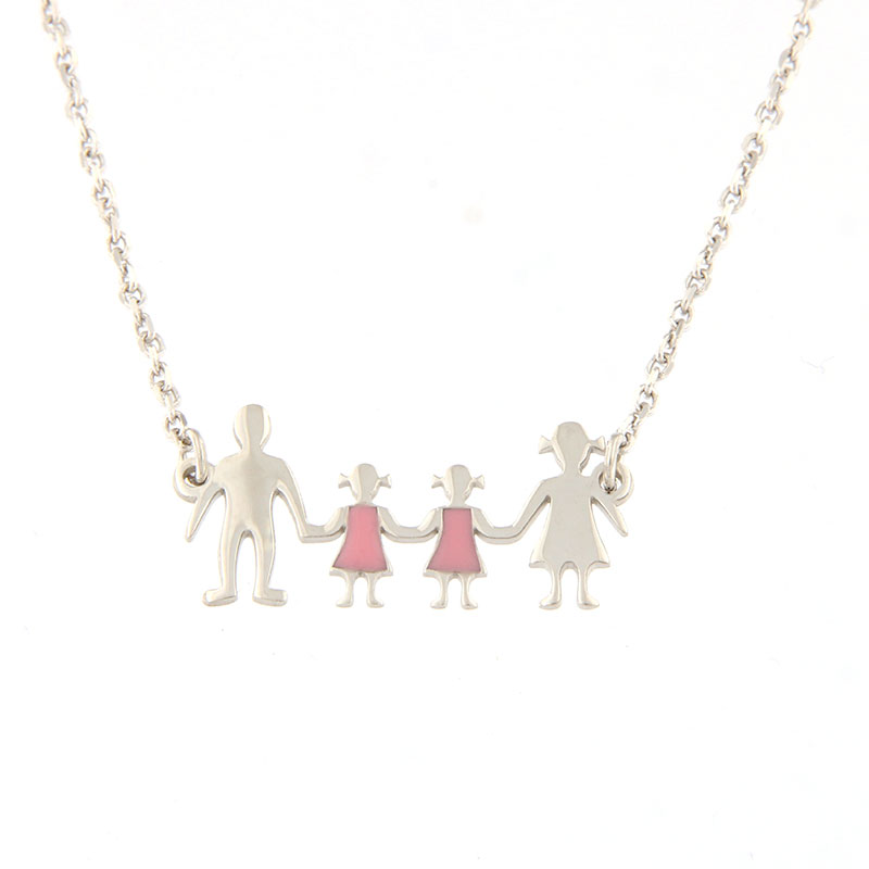 Γυναικείο ασημένιο μενταγιόν οικογένεια μπαμπάς μαμά με δύο κοριτσάκια 925° διακοσμημένο με ροζ σμάλτο.