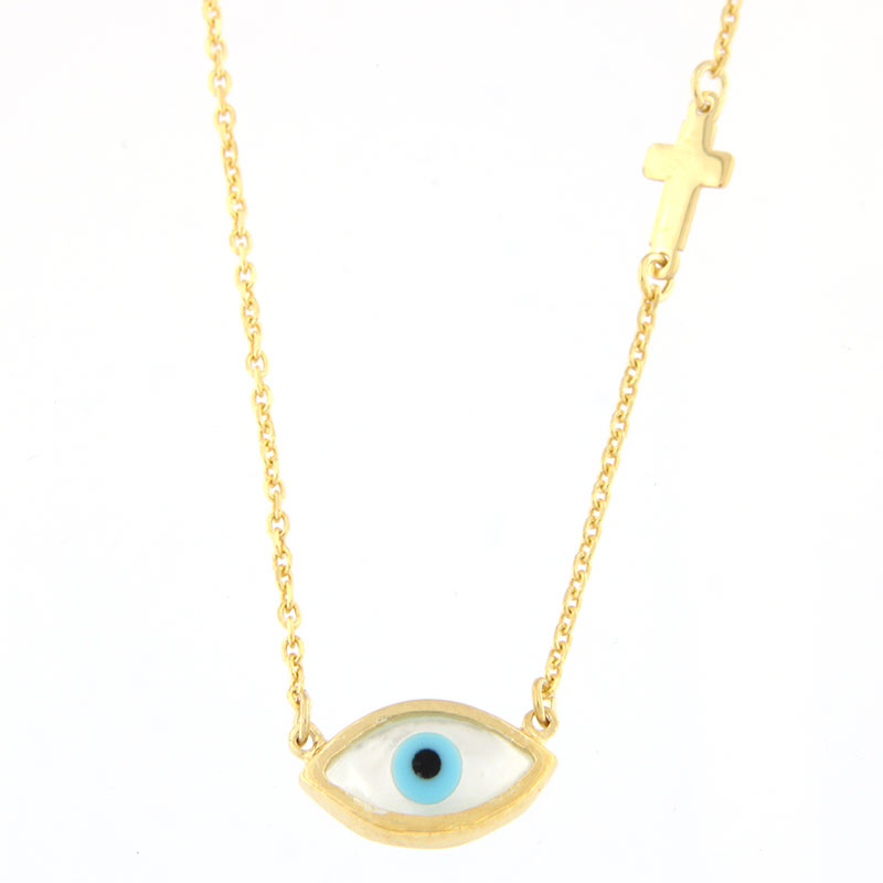 Womens silver gold plated pendant Eye with chain and cross 925 decorated with mother of pearl.