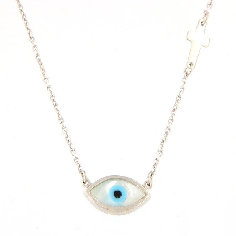 Womens silver Eye pendant with chain and cross 925 decorated with mother of pearl.