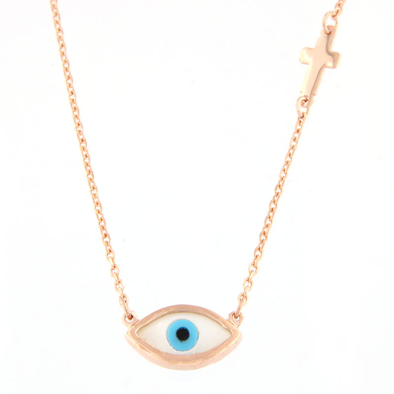 Womens silver plated pink gold plated Eye pendant with chain and cross 925 decorated with mother of pearl.