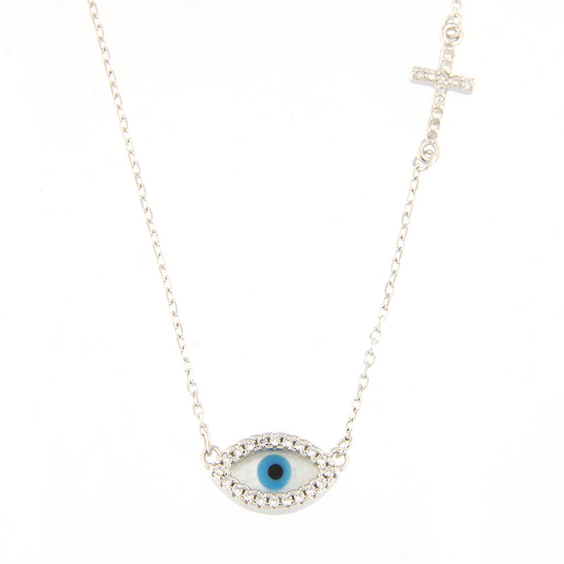 Womens silver Eye pendant with chain and cross 925 decorated with mother of pearl and white zircons.