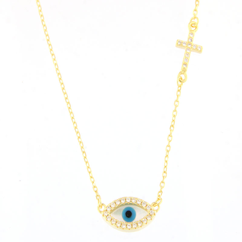 Womens silver plated pendant Eye with chain and cross 925 decorated with mother of pearl and white zircons.