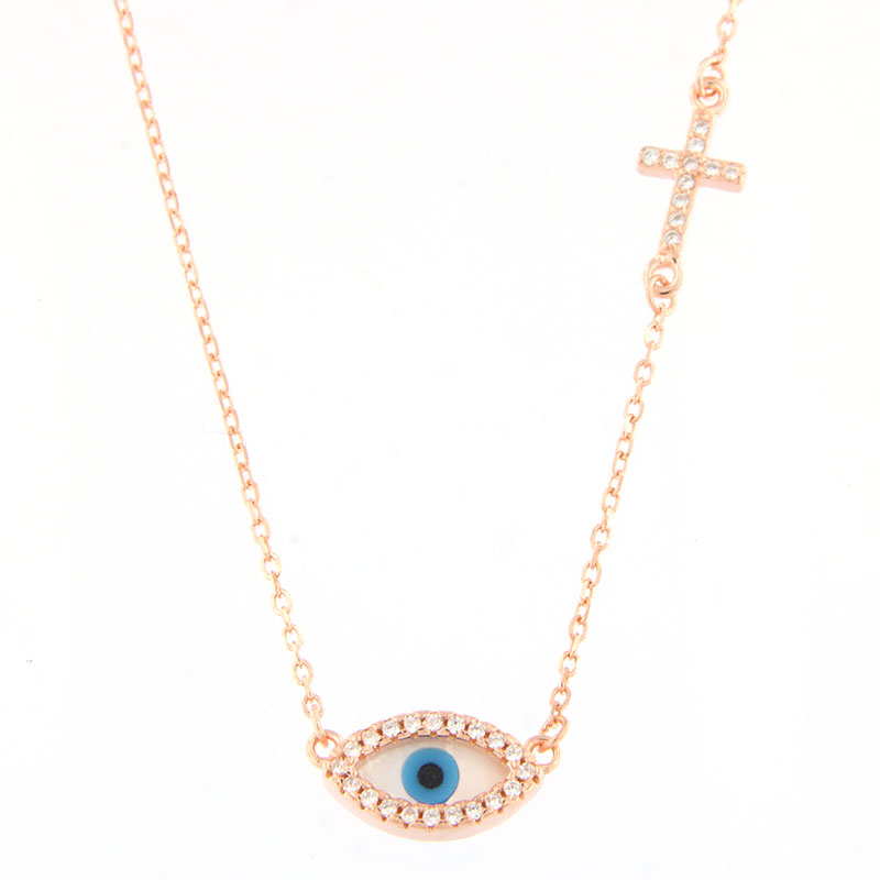 Womens silver plated pink gold plated Eye pendant with a chain and a cross 925 decorated with mother of pearl and white zircons.